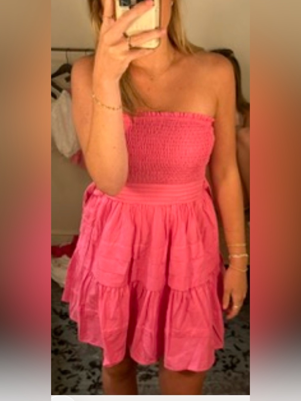 Altar'd State Hot Pink Smocked Strapless Tiered Skirt with tie